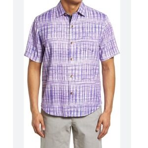 Tommy Bahama Button Up Shirt Purple Plaid Short Sleeve Casual - Silk M‎